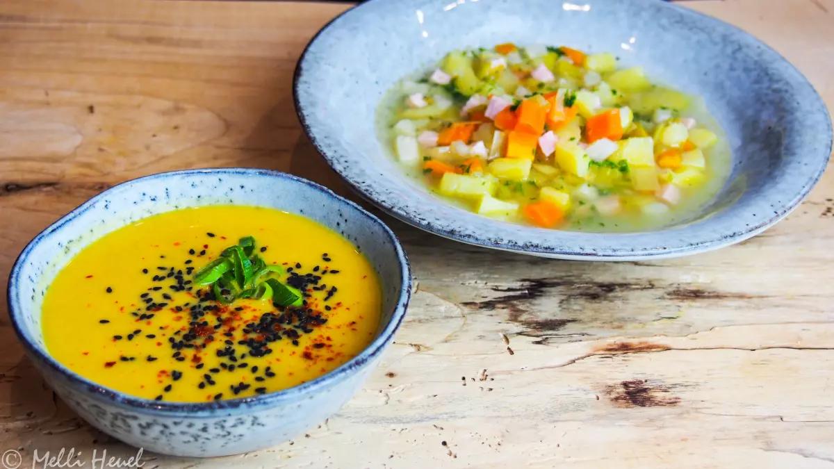 Exotisch und traditionell: Süßkartoffel-Kokos-Suppe (l.) und ein Kartoffeleintopf mit Kasseler von Melli Heuel.