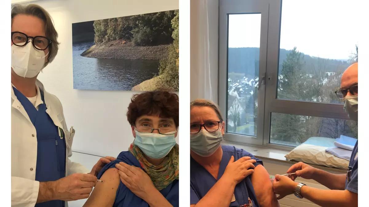 Dr. Georg Krupp impfte Krankenschwester Karola Korrek und Dr. Martin Vielhauer impfte Dr. Daniela Mettal-Minski (linkes Bild).