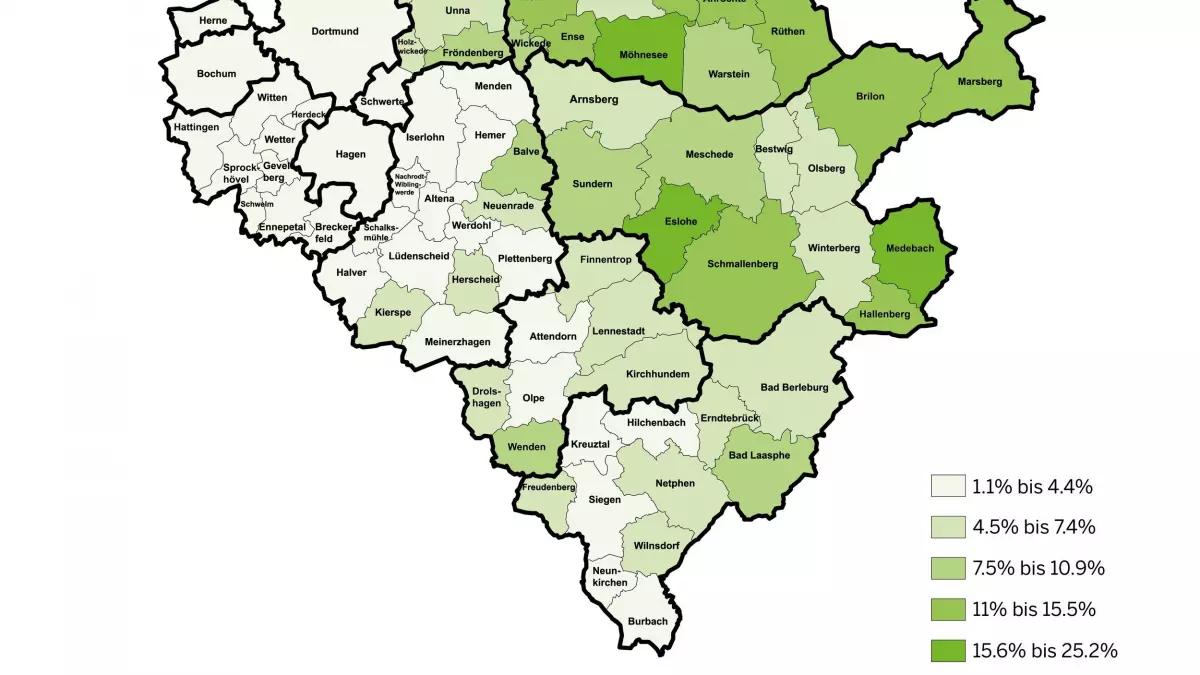 Die Karte zeigt die Ausschöpfung des Potenzials in der Dach-Photovoltaik des Regierungsbezirkes Arnsberg im Jahr 2018.